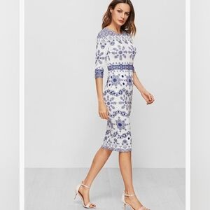 Sheath Pencil Dress, Size M, Blue Porcelain Print